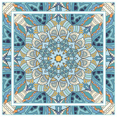  Hand drawn artistic background. Seamless pattern with ornate frame border, doodle floral ornament. Bandana shawl, tablecloth fabric print, silk neck scarf, kerchief design. Vector illustration