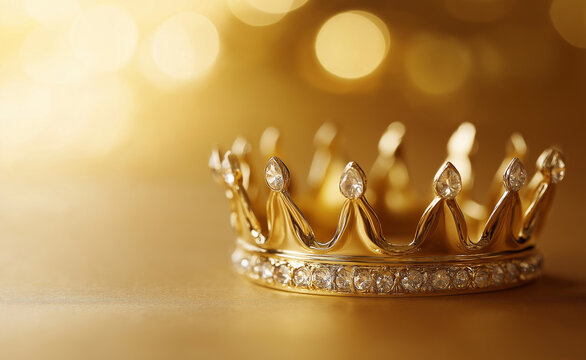 A luxurious golden crown with gemstones resting on a sparkling gold background.