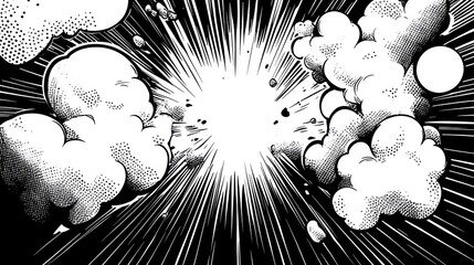 Comic book explosion; dynamic action, black and white
