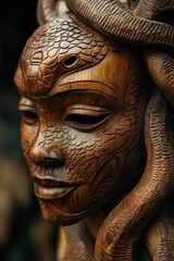 Intricate wooden carving, serpentine goddess face