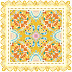 Decorative doodle ornament, symmetric pattern with lace frame. Tribal ethnic mandala decor. Bandana shawl, hijab, tablecloth fabric print, silk neck scarf, kerchief design. Colorful vector background