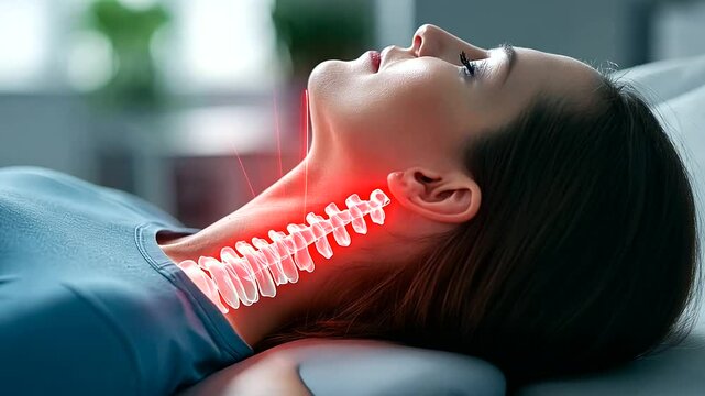 A chiropractic session scene with a mature woman lying on her stomach, a glowing red cervical spine overlay showing the targeted area for adjustment