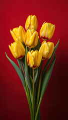 Vertical photo with a bouquet of yellow tulips on a red background