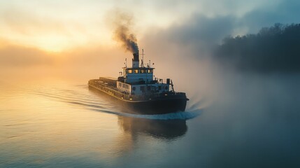Misty sunrise, cargo ship sailing river, peaceful scene.