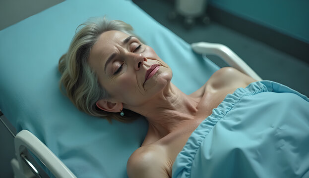 Mujer adulta mayor acostada en una camilla m&eacute;dica, prepar&aacute;ndose para una cirug&iacute;a est&eacute;tica. Expresi&oacute;n serena, lista para cirug&iacute;a pl&aacute;stica o tratamiento de rejuvenecimiento. Belleza, est&eacute;tica.