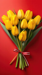 Vertical photo with a bouquet of yellow tulips tied with a striped ribbon on a red background