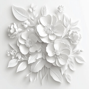 Fond de fleur en papier, origami. Fond de couleur blanc, avec fleurs blanches. Motifs floral pour d&eacute;coration, cr&eacute;ation graphique et conception