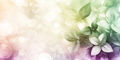 Obraz premium A light, gentle abstract background featuring soft glowing colors and botanical leaves in various shades, creating a serene atmosphere
