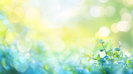 Obraz premium Soft Green Springtime Nature Background Bokeh Light Fresh Peaceful Serene Tranquil Vibrant Lush Greenery Sunny Daytime Bright Yellow Blue Teal Garden 