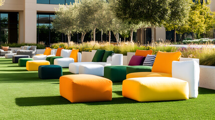Outdoor lounge area with colorful seating creates a vibrant and inviting space for relaxation and socializing. A sunny, modern, outdoor retreat.