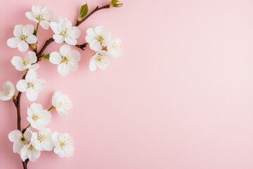 Apple flowers on pink paper background. Pastel colors. Flat lay, top view. Spring flowers with...