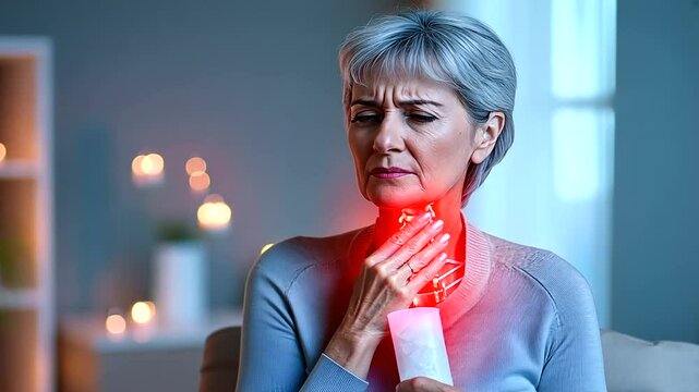 A healthcare advertisement-style scene with a mature woman seated in a warm-toned room, holding an ice pack to her neck, with a glowing red cervical spine overlay to depict the aff
