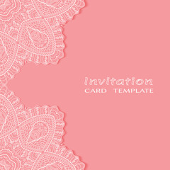 Lace Invitation Card template with mandala element. Doodle line pattern. Decorative openwork filigree art background for Wedding, Valentine's day greeting card, Birthday Invitation