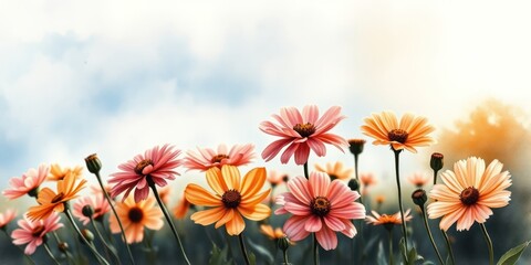 Fototapeta premium Watercolor fields display a variety of elegant flowers in pastel shades, creating a light and airy atmosphere suitable for invitations and greeting cards