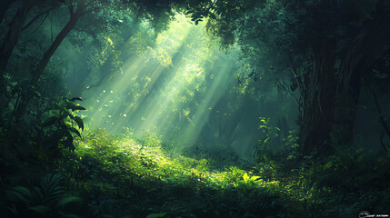 Lush green forests with sun rays peeking through