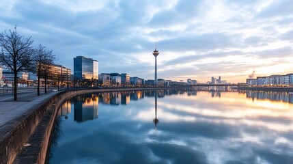 Obraz premium Cityscape sunrise reflection, modern architecture, calm waters