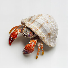 Red-Clawed Hermit Crab Peeking Out from a Striped Whelk Shell, Isolated on White Background, Studio Shot