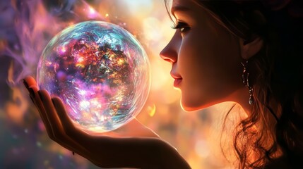 Fototapeta premium Young woman gazes into a mystical orb, luminous sphere in her hand