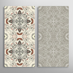 Vertical seamless patterns set, floral geometric lace texture for Wedding, Valentine's day, greeting card or Birthday Invitation. Decorative seamless doodle backgrounds. Ethnic ornament border pattern