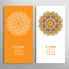 Cards or Invitations set with tribal ethnic mandala ornament, doodle floral geometric pattern for wedding, bridal, Valentine's day, greeting card or birthday invitation. Decorative colorful background