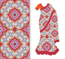 Vector fashion illustration, stylized Indian sari women's ethnic dress model, decorative seamless ornamental pattern for textile fabric, paper print, invitation or business card design. Isolated