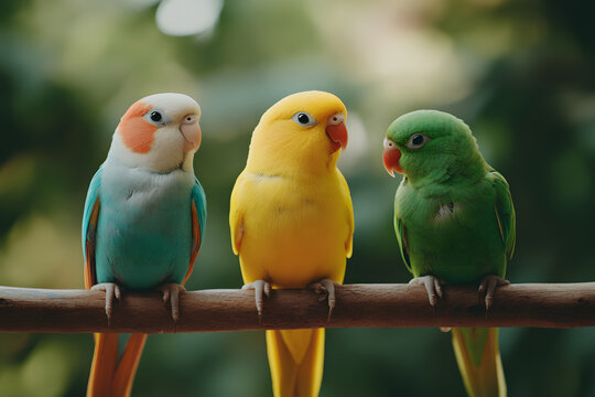 Vibrant trio of parrots perched on a branch, showcasing nature's colorful palette with green foliage backdrop and sunlight. A beautiful bird portrait.