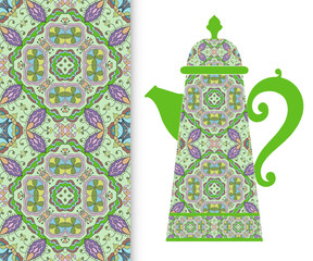 Teapot with decorative ornament and vertical floral geometric seamless pattern, hand drawn repeating texture for Wedding, Bridal, Valentine's day or Birthday Invitations. Fabric or paper print