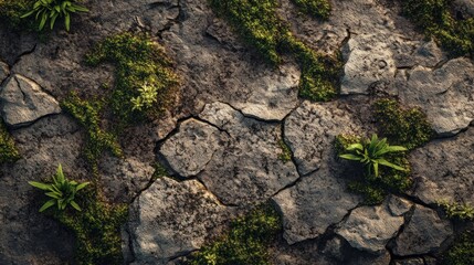 Obraz premium Cracked earth, plants, moss, drought, texture, background, nature, wallpaper