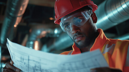 A construction engineer wearing safety gear examines blueprints in an industrial setting with metal pipes in the background.