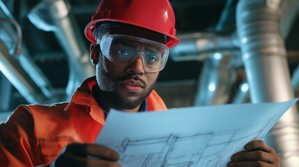 A construction engineer wearing safety gear examines blueprints in an industrial setting with metal pipes in the background.