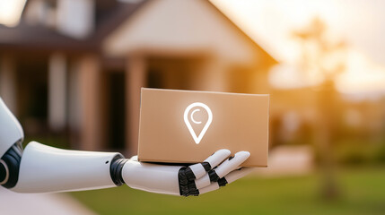 Fototapeta premium A robotic hand holding a package with a location icon, symbolizing AI and smart delivery systems.