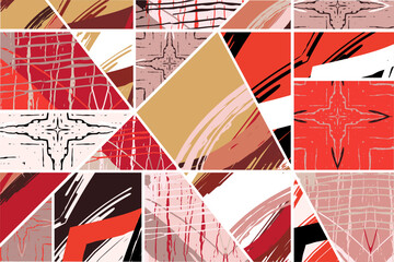 Abstract collage asymmetric pattern. Digital freehand art, grunge texture. Vector patchwork quilt background. Decorative elements, brush strokes ornament for flyer, poster, cover, textile fabric print