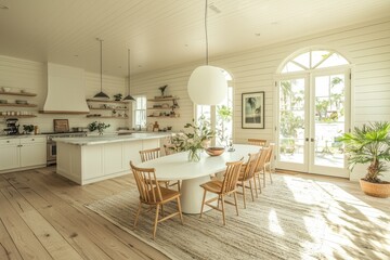 Fototapeta premium Elegant dining room design with white oval table bright interior home decor natural light inviting atmosphere