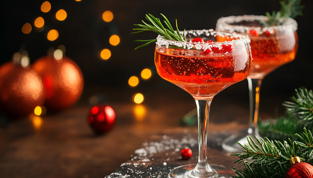 Mimosa festive drink for Christmas - champagne cocktail with rosemary for Christmas party - Powered by Adobe