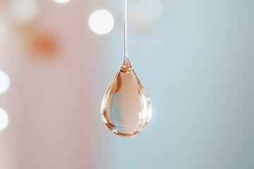 A single drop of skincare serum is captured mid-air, illuminating its surface as it reflects soft light. This stunning depiction showcases purity and the essence of hydration gracefully