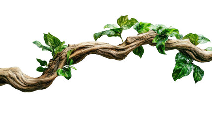 Lush green vines growing on a weathered branch with transparent background