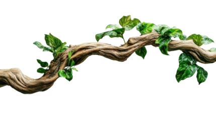 Lush green vines growing on a weathered branch with transparent background