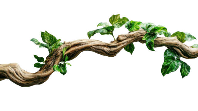 Lush green vines growing on a weathered branch with transparent background