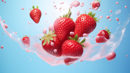 Morceaux de fruits, fraises sur un fond bleu avec éclaboussure d'eau. Fruit, sain, délicieux, sucré. Jus de fruit, dessert. Pour conception et création graphique.	