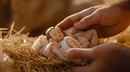 Hands of a child gently placing a figure of baby Jesus in a Nativity scene, symbolising innocence, faith, and the spirit of Christmas