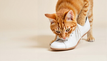 Curious cat exploring a white shoe on a light background for playful moments