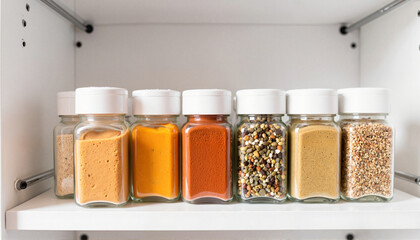 Organizing pantry with various spice jars and grains neatly arranged on a shelf