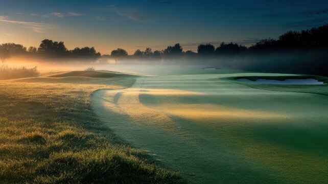 A serene early morning view of a misty golf course, featuring lush green fairways and a tranquil atmosphere that invites relaxation and reflection.