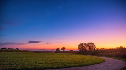 Fototapeta premium A serene twilight landscape with a winding path leading through lush green fields under a vibrant gradient sky of blues and oranges.