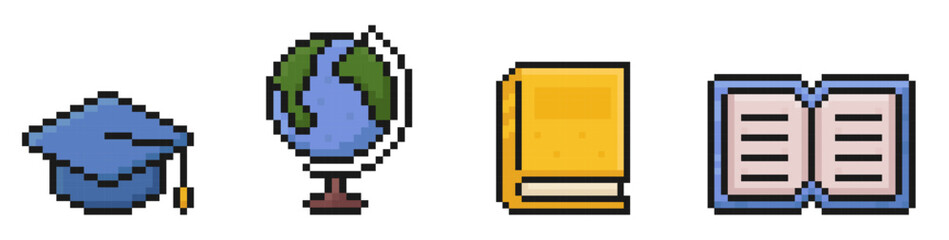school supplies pixel art icons, back to school, 80s, 90s, old arcade game item style, hat, globe, book, textbook, vector illustration