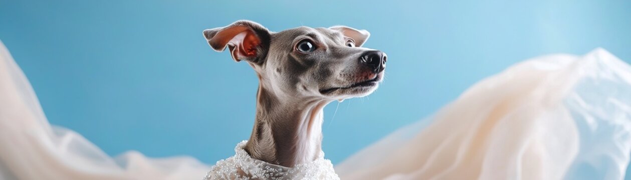 A confident greyhound stands elegantly on a high-fashion runway, adorned in a flowing silk gown with diamond embellishments. Dramatic spotlights enhance the luxurious atmosphere