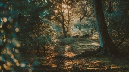 A tranquil early morning in a lush forest, with warm sunlight filtering through the trees, creating a serene atmosphere.