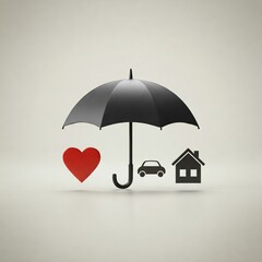 A protective umbrella shielding icons of a heart, car, and house, symbolizing health, auto, and home insurance. Free space for text. Ideal for insurance marketing, presentations.
