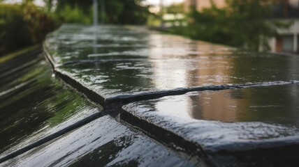 Fototapeta premium Close-up of a wet, glossy black roof with droplets of water glistening, reflecting the surrounding greenery, conveying a serene and fresh atmosphere.