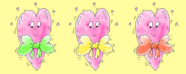 3 sweet happy pink hearts yellow shaped icons set with bow. Line present with sweets clipart. Cute gift illustration. Funny Saint Valentine day